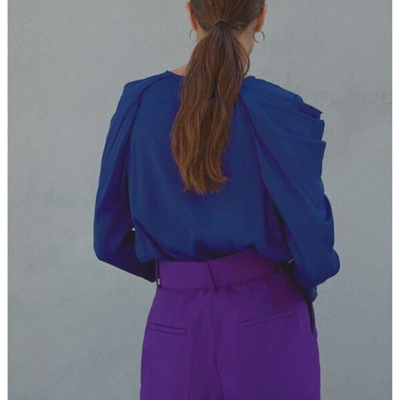 Zara Satin Effect Pleated Puff Shoulder Glossy  Blouse | XS | Royal Blue/Purple - Picture 7 of 16